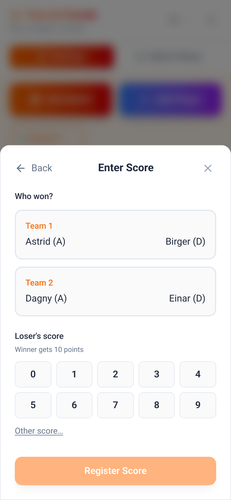 Add Match screen asking which team won